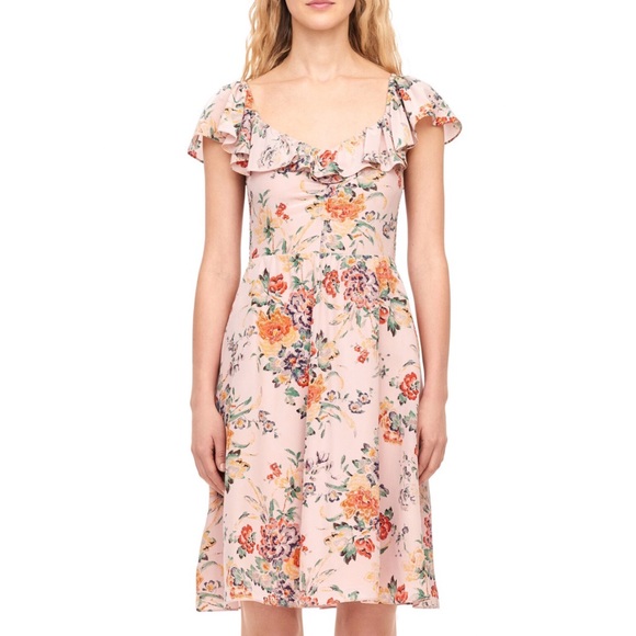 Rebecca Taylor Marlena pink green yellow floral print silk ruffle neckline dress - Picture 2 of 13